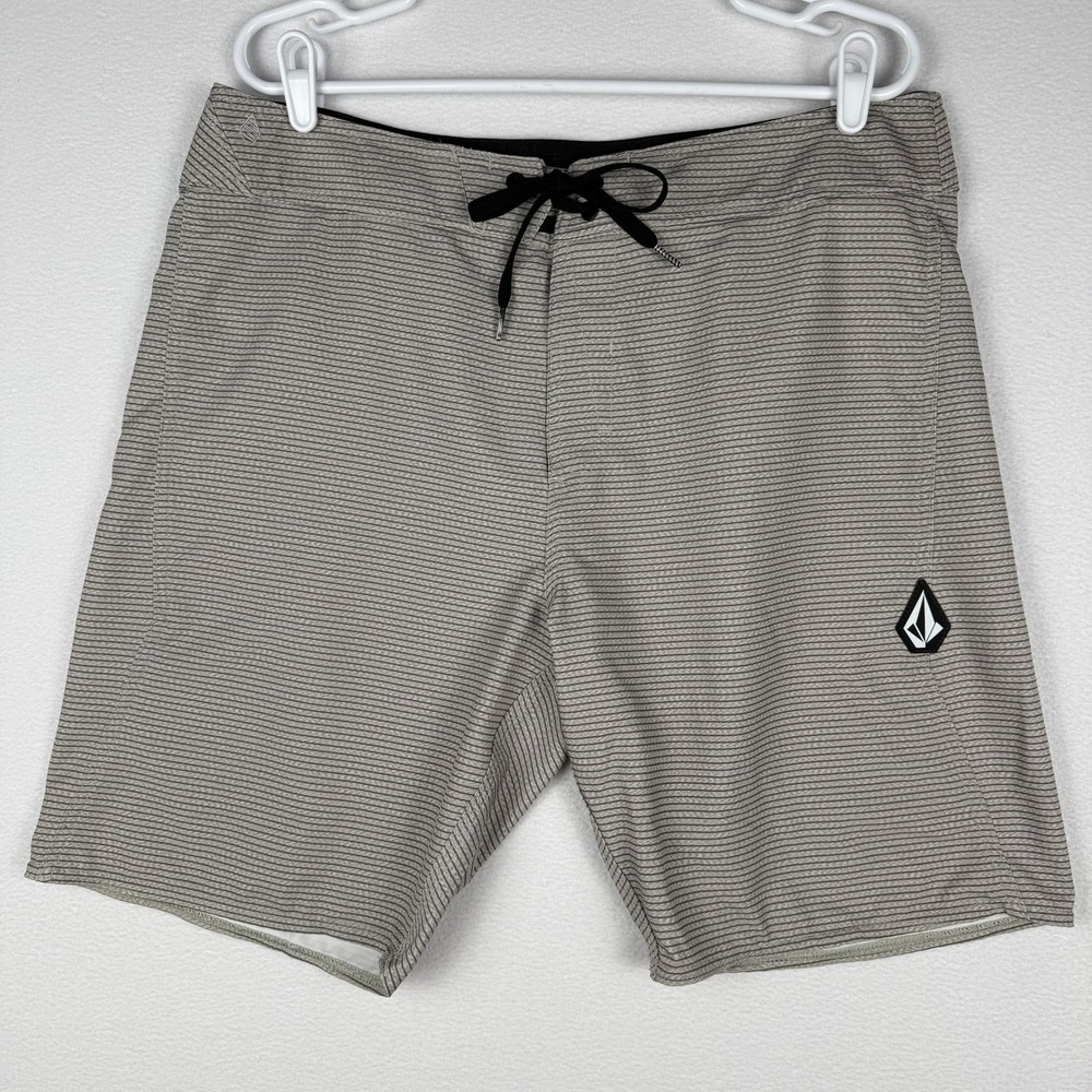 Volcom Too Hectik 2 Boardshort Mens 36 Tan Black Striped Surf Trunks A0801900